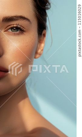 Half-face portrait of a woman with clear skin and freckles in natural light. Highlights beauty and skin care. 115016029