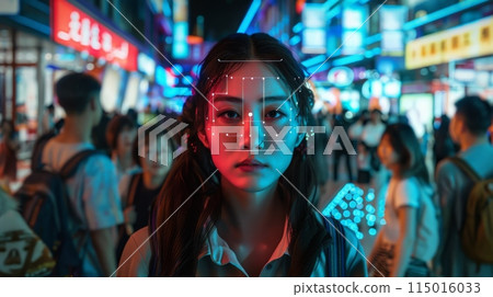 Young woman with facial recognition mapping in a busy neon-lit street. Highlights surveillance technology and urban life. Young woman with facial recognition mapping in a busy neon-lit street. Highlights surveillance technology and urban life. 115016033