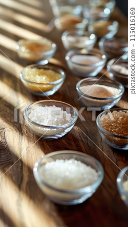 Selection of sugar substitutes in clear glass bowls on a sunny wooden table. Featuring stevia, erythritol, and other low-calorie sweeteners. Selection of sugar substitutes in clear glass bowls on a sunny wooden table. Featuring stevia, erythritol, and other low-calorie sweeteners. 115016169
