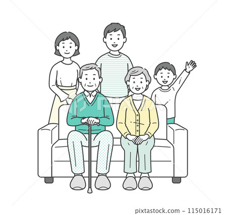 A full-body illustration of an elderly couple sitting on a sofa and their families 115016171