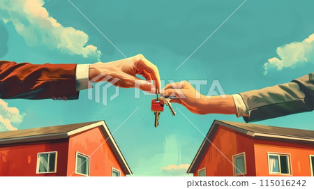 Artistic illustration of hands exchanging house keys against a bright blue sky. Concept of real estate transactions, property market, and home buying. 115016242