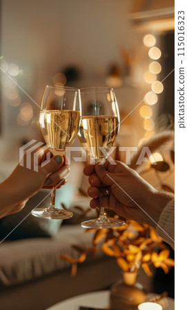 Closeup of two champagne glasses clinking in a cozy, warmly lit setting. Celebratory moment representing new beginnings and achievements. 115016323