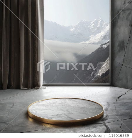 Elegant curtains frame a serene mountain view, complemented by a chic round table 115016889