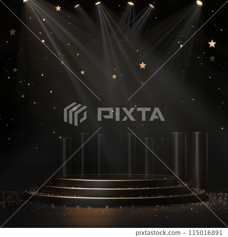 A spotlit stage awaits the show, adorned with golden stars 115016891
