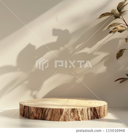 A sunlit wall adorned with leaf shadows and a rustic wooden stump 115016948