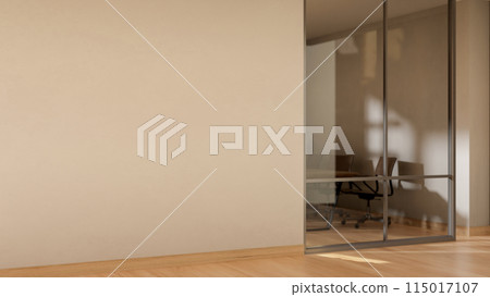 The interior design of a contemporary office corridor with a large glass window of a meeting room. The interior design of a contemporary office corridor with a large glass window of a meeting room. 115017107