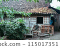 old wooden bench in the garden 115017351