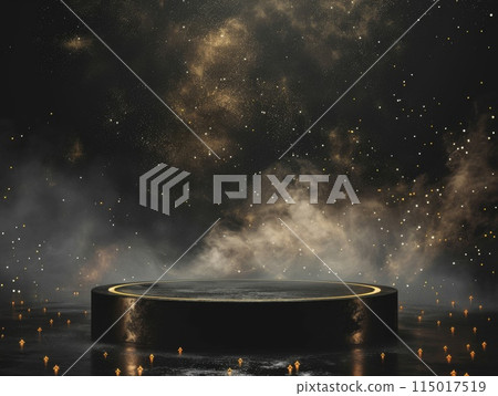 Empty stage engulfed in golden sparks and mystical mist 115017519