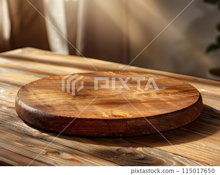 A wooden cutting board bathed in sunlight creates a welcoming kitchen atmosphere 115017650