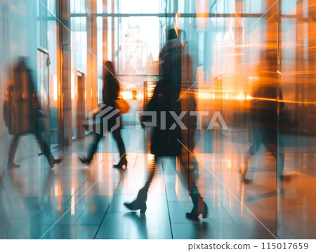 Office hustle captured in a sleek glass corridor 115017659