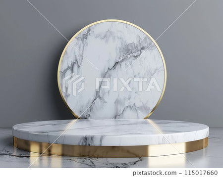 Against a gray canvas, a marble pedestal with golden accents emanates luxury 115017660