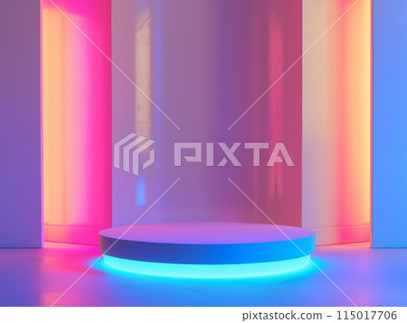 A neon lit pedestal brings radiant light to a vibrant room 115017706