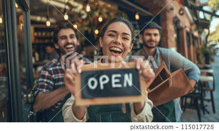 Diverse group of cafe staff holding an 'Open' sign at the entrance. Inclusive and welcoming atmosphere ideal for cafes, restaurants, and community businesses. 115017728