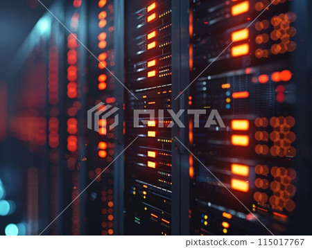 Vibrant server room buzzing with digital activity 115017767