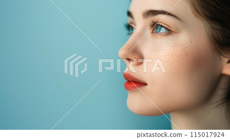 Side profile of a woman with clear skin and freckles on a blue background. Perfect for skin care and beauty themes. 115017924
