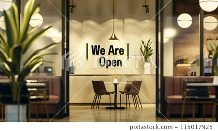 Elegant cafe with 'We Are Open' sign, stylish furniture and ambient lighting. Elegant cafe with 'We Are Open' sign, stylish furniture and ambient lighting. 115017925