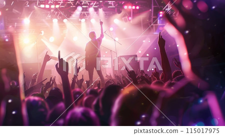 Energetic concert scene with a performer on stage and an audience with raised hands. Vibrant atmosphere at a live music event. Energetic concert scene with a performer on stage and an audience with raised hands. Vibrant atmosphere at a live music event. 115017975