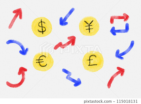 Hand-drawn illustration of money with up and down arrows and various currency symbols 115018131