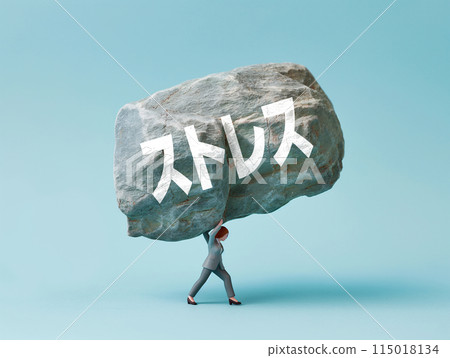 A miniature doll of a businesswoman about to be crushed by a large rock with the word "stress" written on it 115018134
