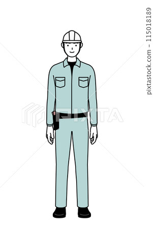 一個戴著頭盔、穿著工作服、面向前方的微笑男子 115018189