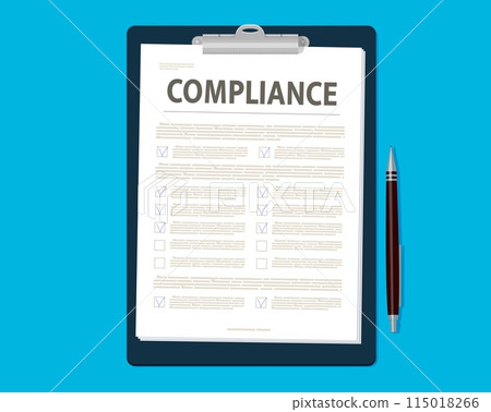Compliance policy. Vector clipboard with paper document and pen. Checklist includes multiple checkboxes, suggesting a thorough review or audit process used in business, legal or regulatory contexts 115018266