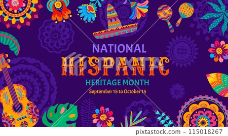 National hispanic heritage month flyer with sombrero, guitar and tropical flowers, maracas and leaves vector frame. Mexican and spanish culture holiday flyer with ethnic floral pattern background National hispanic heritage month flyer with sombrero, guitar and tropical flowers, maracas and leaves vector frame. Mexican and spanish culture holiday flyer with ethnic floral pattern background 115018267