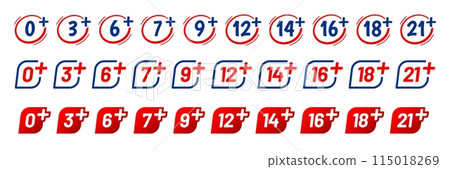 Under age signs isolated vector restriction icon set. 0, 3, 6, 7, 9, 12, 14 and 16, 18 or 21 plus years old. Sensitive content for kids and adults only symbols. Alert for viewers, internet protection 115018269