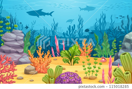 Algae seaweeds on underwater bottom game landscape. Vibrant cartoon level background with colorful coral reefs, fish silhouettes and tropical sea plants. Ocean seafloor with mesmerizing marine life Algae seaweeds on underwater bottom game landscape. Vibrant cartoon level background with colorful coral reefs, fish silhouettes and tropical sea plants. Ocean seafloor with mesmerizing marine life 115018285