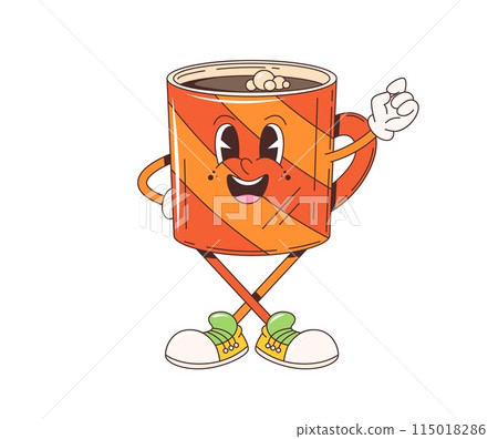 Groovy retro cartoon coffee cup character with funky happy smile on face, vector 70s art. Groovy cartoon funny coffee cup or hot chocolate mug for morning drink and happy positive vibes emoji 115018286