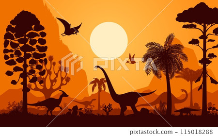 Prehistoric dinosaur silhouettes. Vector scene with silhouetted dinos. Soaring pterodactyl, swift velociraptor and towering brachiosaurus roam landscape with ferns, hills, palm trees, and dusk sun Prehistoric dinosaur silhouettes. Vector scene with silhouetted dinos. Soaring pterodactyl, swift velociraptor and towering brachiosaurus roam landscape with ferns, hills, palm trees, and dusk sun 115018288