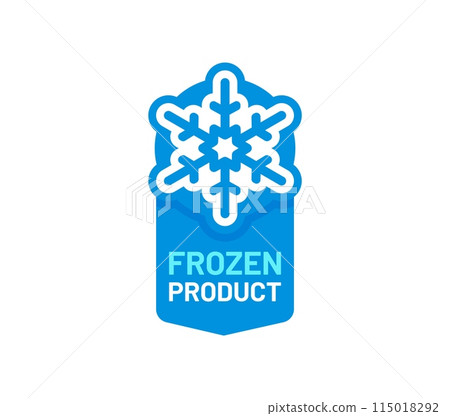 Blue frozen cold product icon, ice crystal label and badge for food. Isolated vector sticker, features snowflake or frost symbol for packages, refrigerated production or frosty cold preservation items 115018292