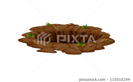 Ground hole, deep dirty pit and burrow. Natural gap surrounded by grass, cracks and stones. Wild animal den or a result of soil erosion. Isolated cartoon vector quarry, fractured land, break or split Ground hole, deep dirty pit and burrow. Natural gap surrounded by grass, cracks and stones. Wild animal den or a result of soil erosion. Isolated cartoon vector quarry, fractured land, break or split 115018294