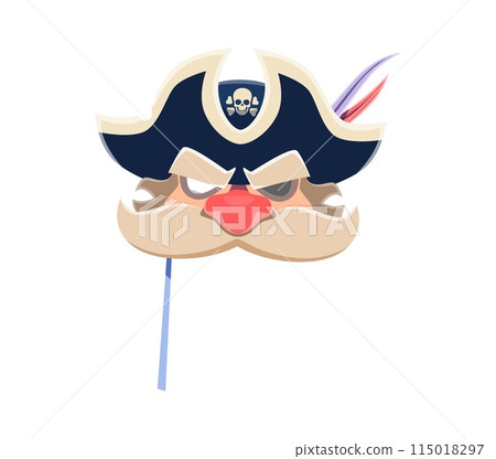 Pirate carnival photo booth mask. Cartoon photobooth costume, props. Isolated vector corsair disguise with eye patch, tricorn hat, mustaches, and a playful, nautical flair, for swashbuckling snapshots Pirate carnival photo booth mask. Cartoon photobooth costume, props. Isolated vector corsair disguise with eye patch, tricorn hat, mustaches, and a playful, nautical flair, for swashbuckling snapshots 115018297