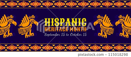Aztec eagle bird totems ornament, national Hispanic heritage month banner. Mexican and Spanish national holiday or Latin America culture celebration or festival vector background with ethnic ornaments Aztec eagle bird totems ornament, national Hispanic heritage month banner. Mexican and Spanish national holiday or Latin America culture celebration or festival vector background with ethnic ornaments 115018298