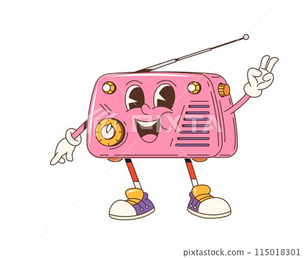 Cartoon groovy radio receiver character. Isolated vector vintage technology personage with nostalgic 60s vibes, funky accessory exuding lively and upbeat energy. Gleeful radio with smile and antennae 115018301