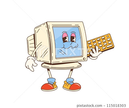 Cartoon groovy computer monitor character. Vector pc personage in a playful pose with keyboard in hands, capturing the nostalgic charm of vintage electronics with its blue screen and expressive face 115018303