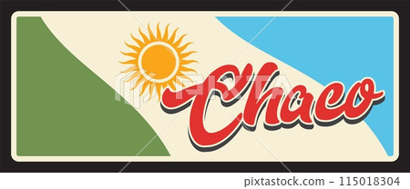 Buenos Aires, Catamarca and Chaco regions, Argentine provinces vintage vector plates. Argentina province flags, heraldic sun and mount El Manchao landscape, Argentine travel signs and stickers 115018304
