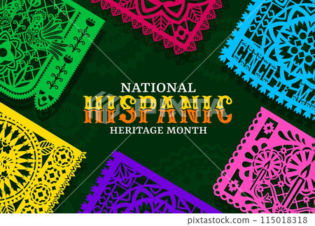 Papel picado or paper cut flags for national Hispanic heritage month, vector banner. Hispanic Americans or Mexican holiday of ethnic tradition and culture, national folk art festival background 115018318