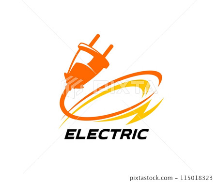 Electric energy icon of power industry. Vector lightning bolt with electric plug and cable swirl isolated symbol of electricity technology. Orange electrical supplies and thunderbolt, power energy 115018323
