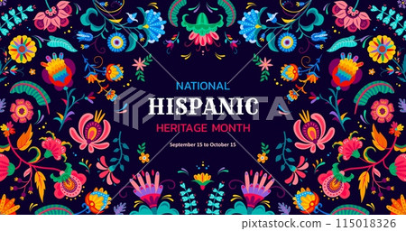 Tropical flowers ornament, national Hispanic heritage month vector banner with ethnic pattern. Hispanic Americans and Latin culture holiday or festival of tradition with colorful floral art ornament 115018326