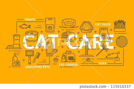 Cat pet care icons. Linear vector signs set depicts treats, toilet fillers, grooming items, carriers and toys for kittens. Outline feline care, food, bed, veterinarian or zoo objects, combs and grass 115018337