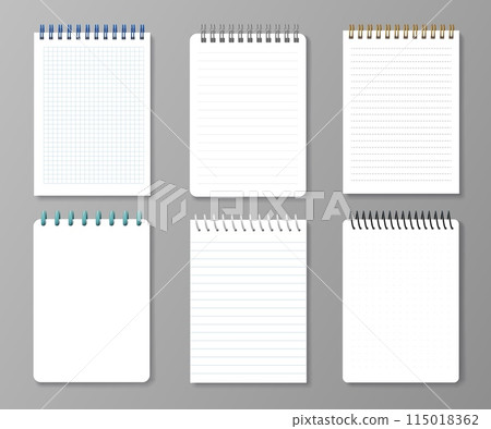 Realistic diary notebooks. Vector set of blank 3d paper notepads with varying page layouts, including grid, lined, and blank pages with wire binding, Office writing stationery templates for notetaking 115018362