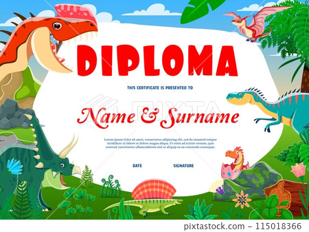 Kids diploma with funny dinosaurs and dino for education certificate, vector cartoon template. Cute Jurassic dino characters T-rex dinosaur and pterodactyl in jungle for kindergarten classes diploma Kids diploma with funny dinosaurs and dino for education certificate, vector cartoon template. Cute Jurassic dino characters T-rex dinosaur and pterodactyl in jungle for kindergarten classes diploma 115018366