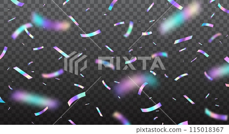 Holographic falling confetti glitters. Vector dynamic, shiny, colorful foil pieces fall down. Vivid colorful and iridescent cascading effect for celebration parties, events, and festive occasions Holographic falling confetti glitters. Vector dynamic, shiny, colorful foil pieces fall down. Vivid colorful and iridescent cascading effect for celebration parties, events, and festive occasions 115018367