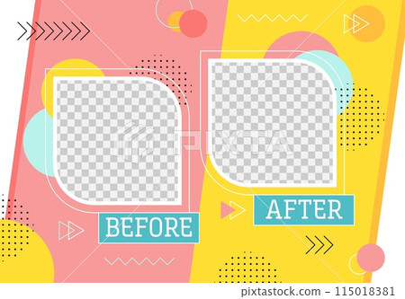 Before after template. Vector borders or photo frames for comparison in retro comic style, social media layouts, yellow and pink color background with Memphis style pattern and transparent copy space Before after template. Vector borders or photo frames for comparison in retro comic style, social media layouts, yellow and pink color background with Memphis style pattern and transparent copy space 115018381