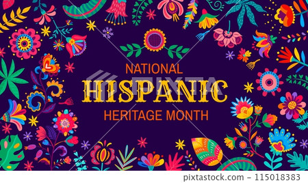 Festival or carnival banner with tropical flowers. National hispanic heritage month flyer with floral pattern vector frame border. Bright color flowers and plant leaves ethnic ornament poster 115018383