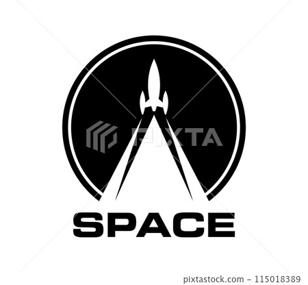 Spaceship or space rocket launch icon of vector space travel and astronomy science. Spaceship, rocket or shuttle carrier startup with smoke trace or takeoff fire flame with planet globe silhouette 115018389