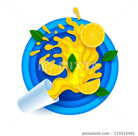 Paper cut orange or lemon juice splash. 3d vector vibrant papercut of dynamic splash with sliced citrus fruit and green leaves on a blue round layered frame, exudes freshness, health, and summer vibes 115018401