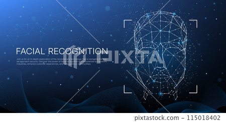Face recognition technology. Vector 3d geometric wireframe of human head on dark blue background with network of connecting dots and lines, symbolizing face scan, digital connections and security 115018402