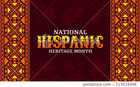 Orange and red ethic ornament on national Hispanic heritage month banner. Hispanic heritage month festival background, Latin America culture carnival vector flyer or banner with geometric ornaments 115018406